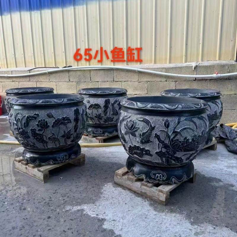 石雕荷花鱼缸石头门海庭院圆形水缸仿古超大装饰摆件青石花盆门海
