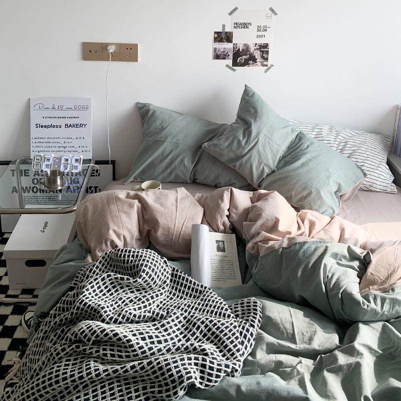 2v06清水的水洗棉霾蓝~ins风简约双拼雾床上四件套宿舍床单三件套,床上用品,床品套件/四件套/多件套,淘宝优惠券,粉丝福利购,淘宝优惠卷