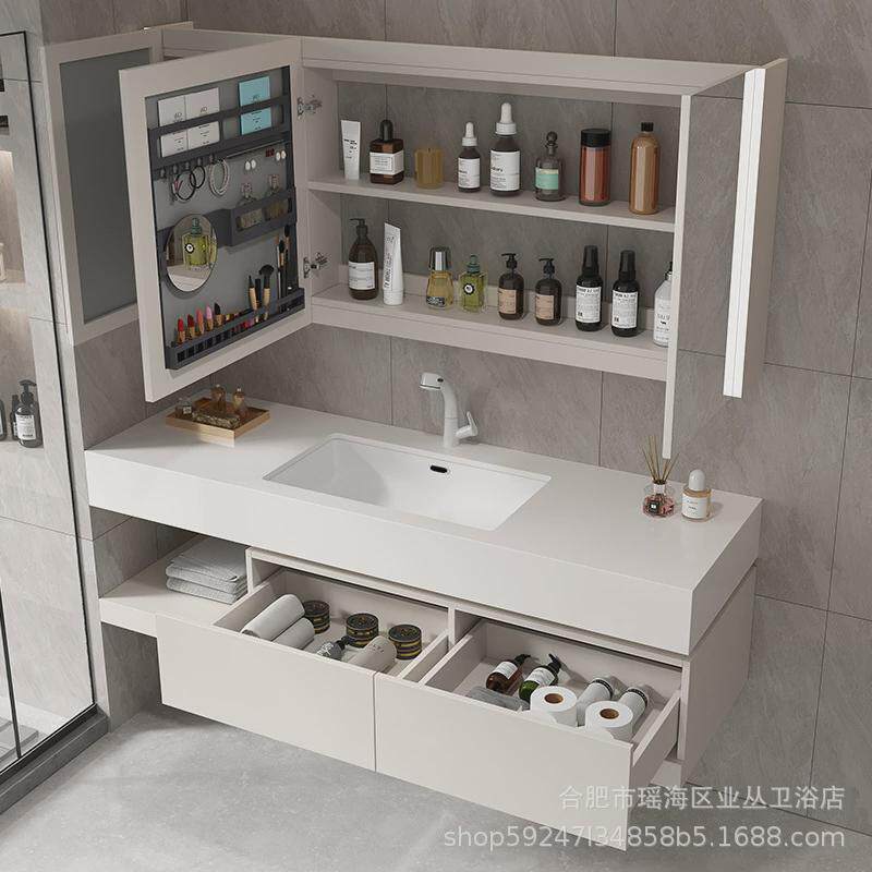 轻奢风浴室柜组合岩板无缝陶瓷一体盆卫生间吊柜脸盆洗手洗漱台柜