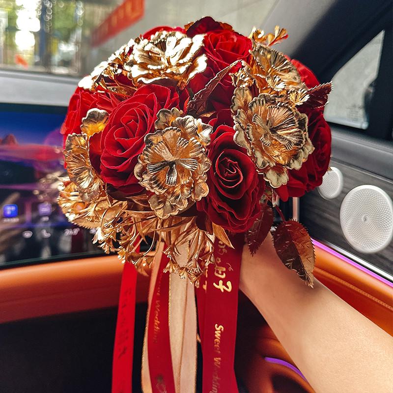 中式新娘手捧花仿真花玫瑰假花接亲结婚中国风秀禾服搭配婚纱摄影