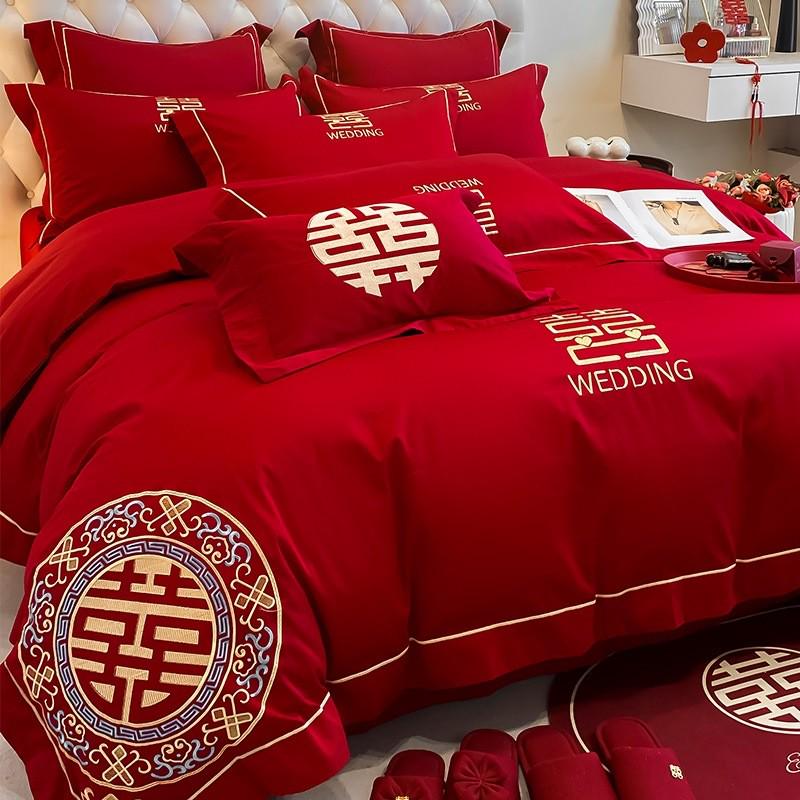 床单婚庆刺绣床上四件套新婚大红色婚房磨毛被套陪嫁喜被中式床品