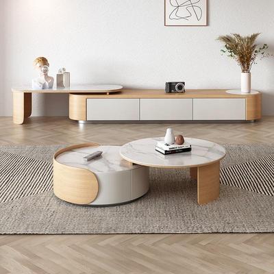 岩板茶几电视机柜组合小户型现代奶油风客厅原木色新款伸缩电视柜