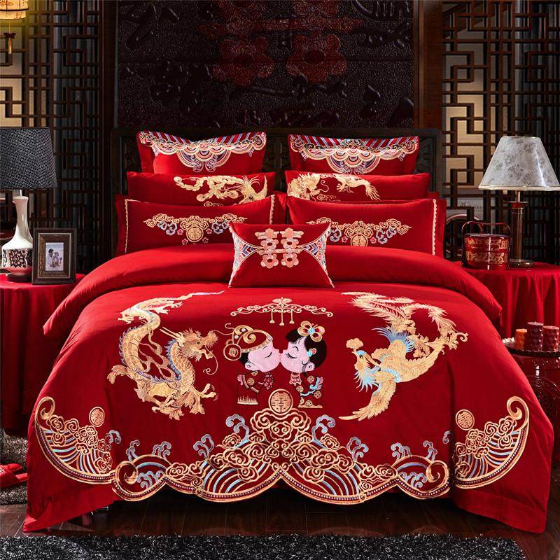 婚庆四件套大红色全棉刺绣新婚喜被套件纯棉婚房绣花结婚床上用品,床上用品,婚庆床品套件,淘宝优惠券,粉丝福利购,淘宝优惠卷