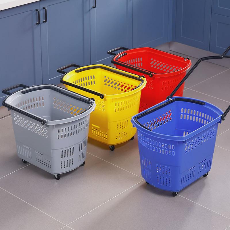 热销超市篮购物篮子手提拉杆带轮子便利店塑料购物筐大号加厚菜筐