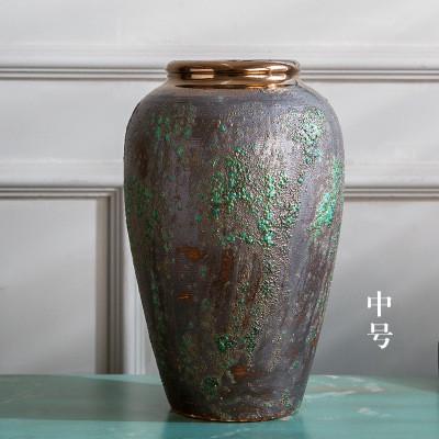 欧式复古粗陶瓷花瓶插干花缸陶罐摆件家居软装饰工艺品坛子台面