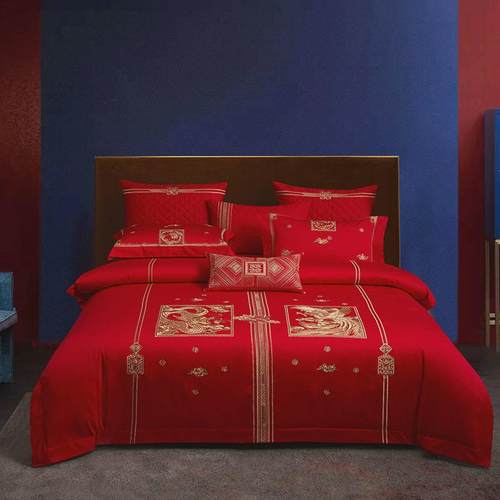 高端婚嫁160S长绒棉提花刺绣婚庆四件套全棉贡缎结婚红色六件套