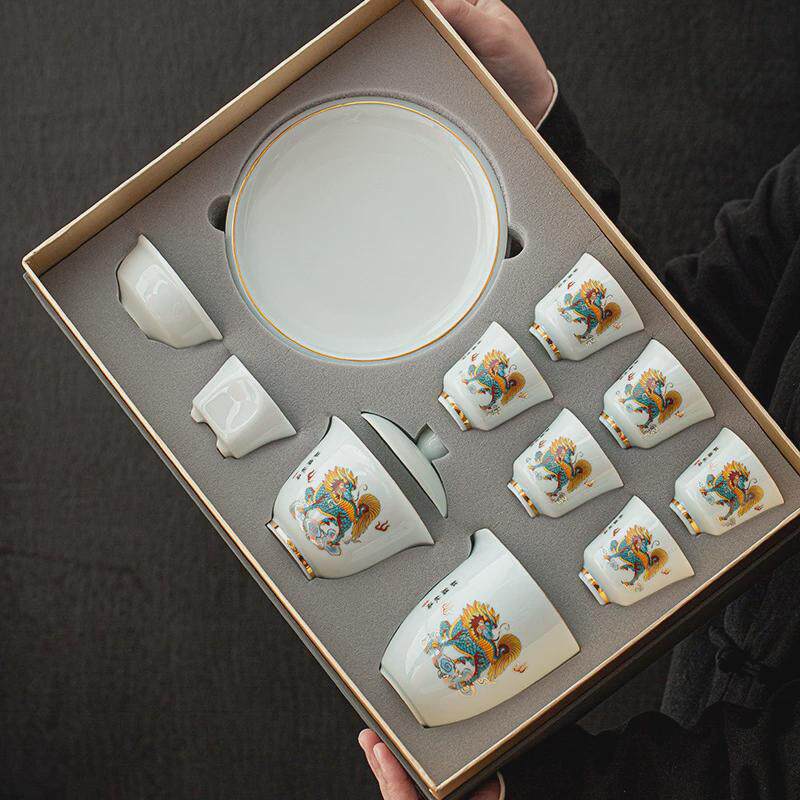 家用茶具陶瓷盖碗羊脂玉瓷整套功夫茶具套装茶杯商务送礼青瓷茶具