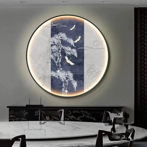 新中式圆形入户玄关装饰画LED发光画中国风客厅走廊过道茶室挂画
