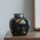 储物罐黑地三友茶叶罐双层锡盖密封罐功夫茶具茶仓复古茶道配件