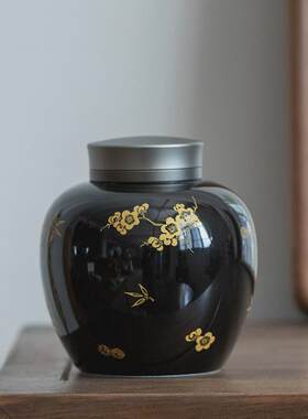 复古黑地三友茶叶罐双层锡茶道配件密封罐功夫茶具茶仓储物罐盖