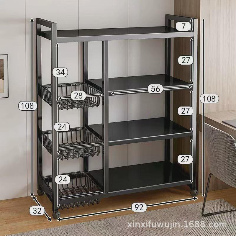 厨房置物架带轮子围栏碳钢落地加厚多层带收纳架家用微波炉架子