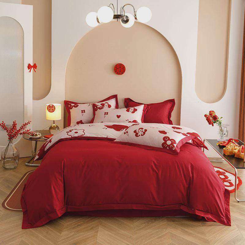 6b76婚庆床上用品四件套结婚纯棉陪嫁全套喜被子一整套红色公主风,床上用品,婚庆床品套件,淘宝优惠券,粉丝福利购,淘宝优惠卷