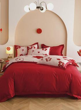 6b76婚庆床上用品四件套结婚纯棉陪嫁全套喜被子一整套红色公主风