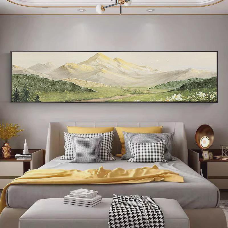 现代床头挂画客厅装饰画油画横幅酒店卧室山水青山绿水主卧乡村风图片