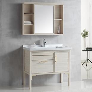 新款中式加厚太空铝落地浴室柜组合套装开合式柜镜一体陶瓷盆