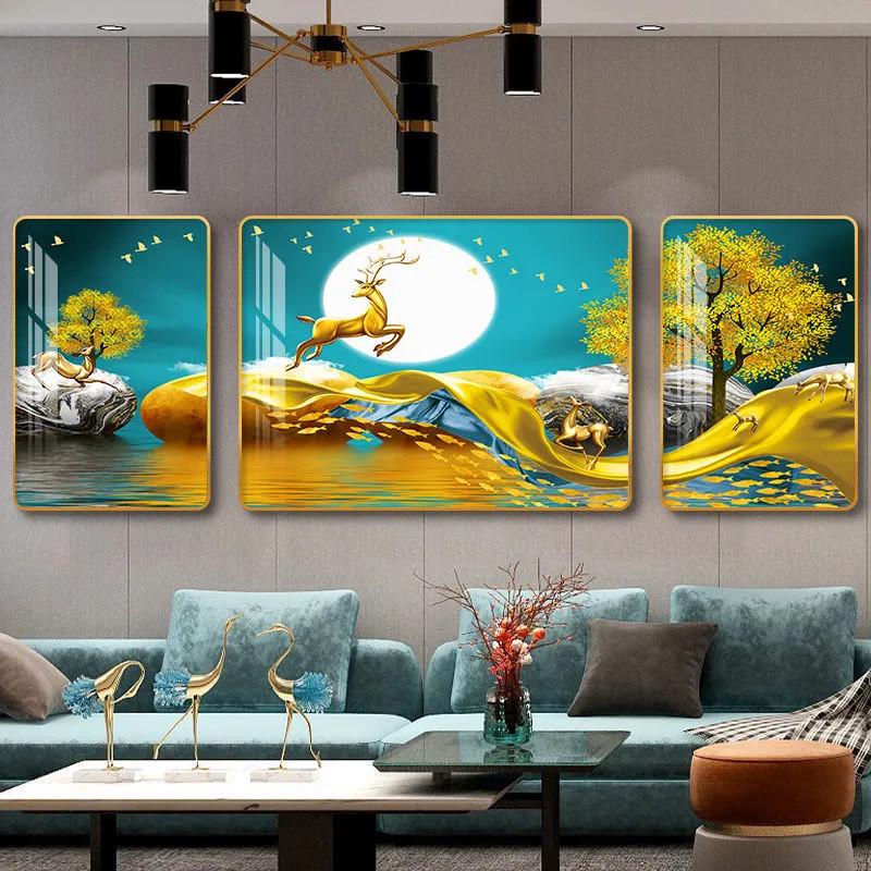 福鹿挂画客厅装饰画北欧沙发背景画墙壁装饰餐厅三联画卧室挂画图片