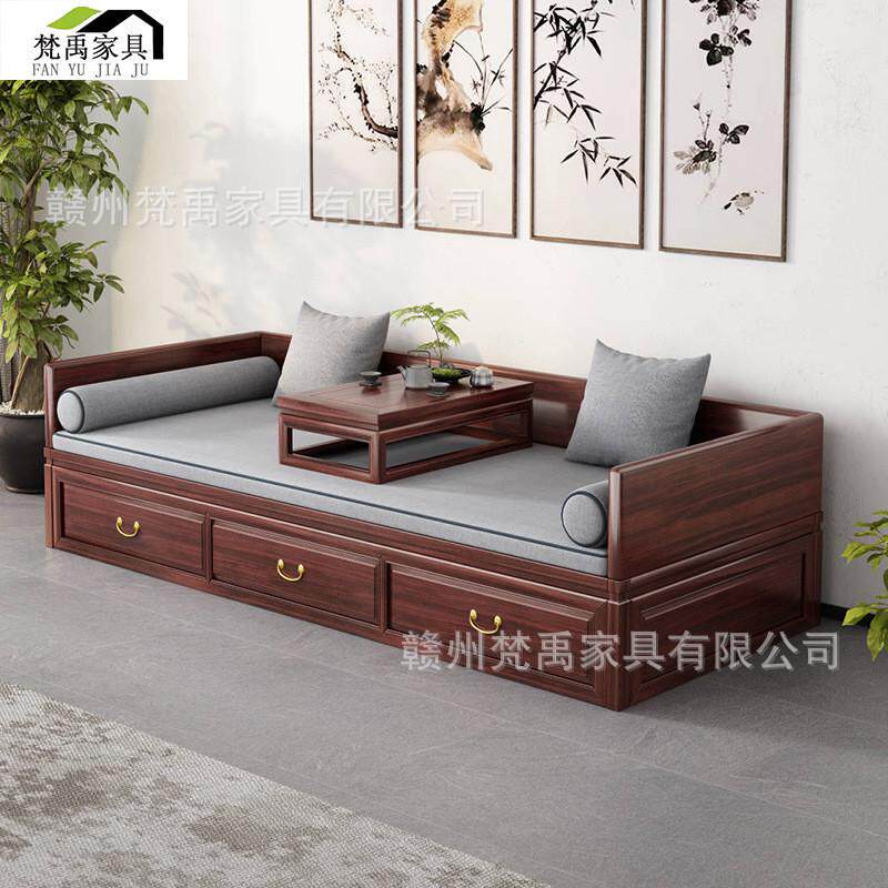 新中式罗汉床实木花梨木推拉床客厅贵妃榻伸缩抽屉带储物箱沙发床