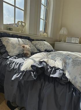 1VPR法式复古公主风藏蓝色碎花荷叶边床裙四件套1.5m1.8米少女心