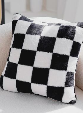 2u8k黑白色抽象法式树木ins风枕方复古棋盘格抱枕套靠枕美式沙发