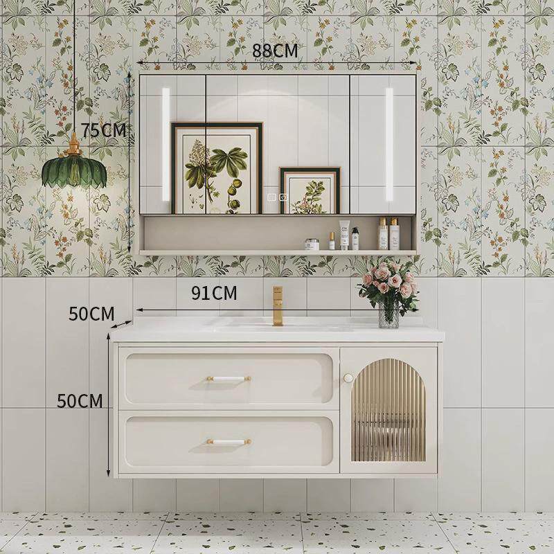 定制智能奶白奶油风橡木浴室柜法式暖色调组合洗漱台陶瓷挂墙式