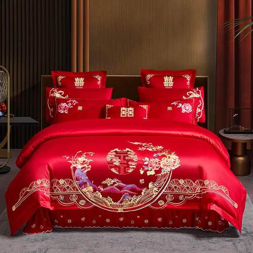 2023新款床裙绣大红四件套双面80支长绒棉婚庆刺绣结婚边多件套
