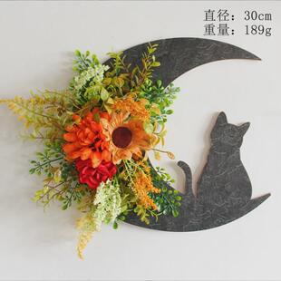 饰品批发 万圣节新月猫咪花环家居挂饰仿真植物假花枯枝藤圈节日装