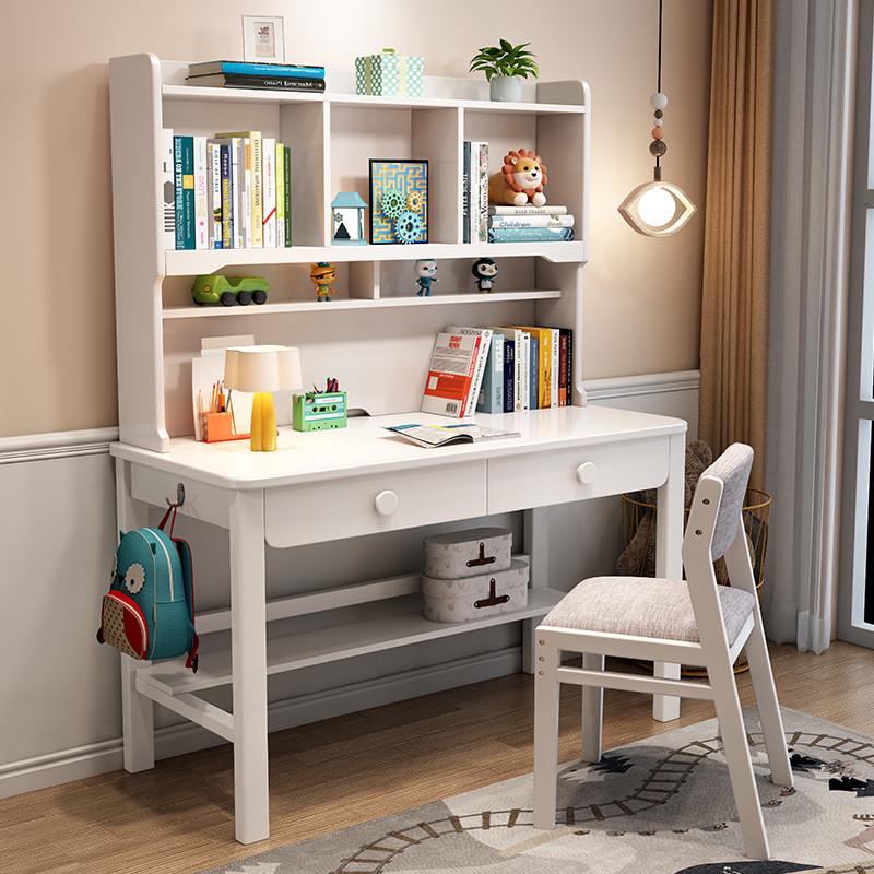 全实木书桌书架一体家用初中生写字桌中小学生卧室儿童学习桌女孩