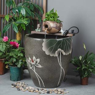 加高陶瓷大缸古法养鱼缸客厅阳台金鱼缸陶罐循环流水造景老式水缸