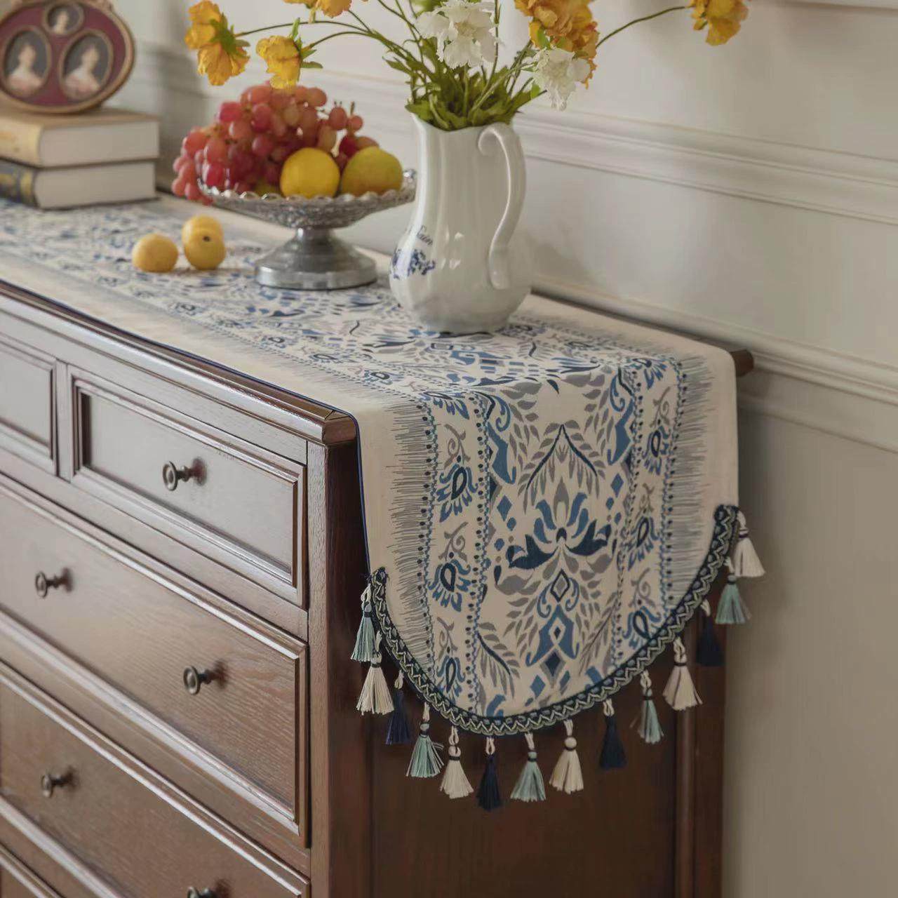 a947民俗桌旗美式轻奢餐桌茶室柜盖巾花卉流苏桌旗布复古长条,居家布艺,桌布,淘宝优惠券,粉丝福利购,淘宝优惠卷