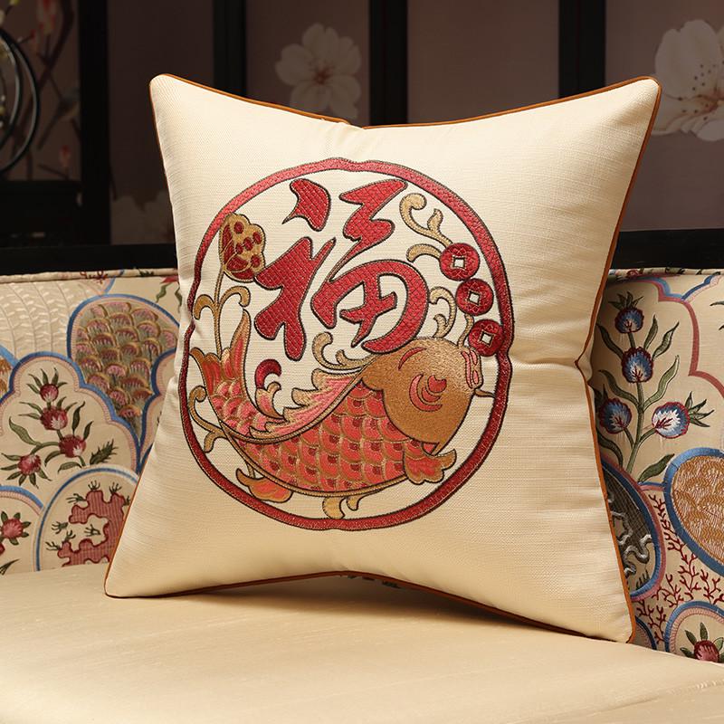 9n新中式抱枕红木沙发客厅靠垫椅子大靠背垫红色结婚福字靠枕刺绣