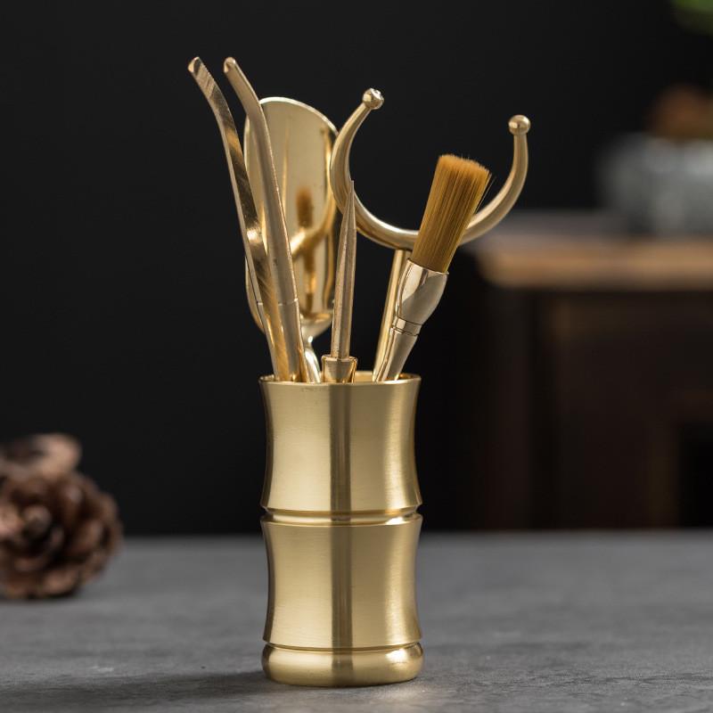 黄铜制六君子茶道套装茶叶夹子茶镊子功夫茶具配件纯铜茶盘茶刀