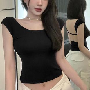 性感小飞袖红色露背T恤背心辣妹风小众设计感短款显瘦上衣裹胸女