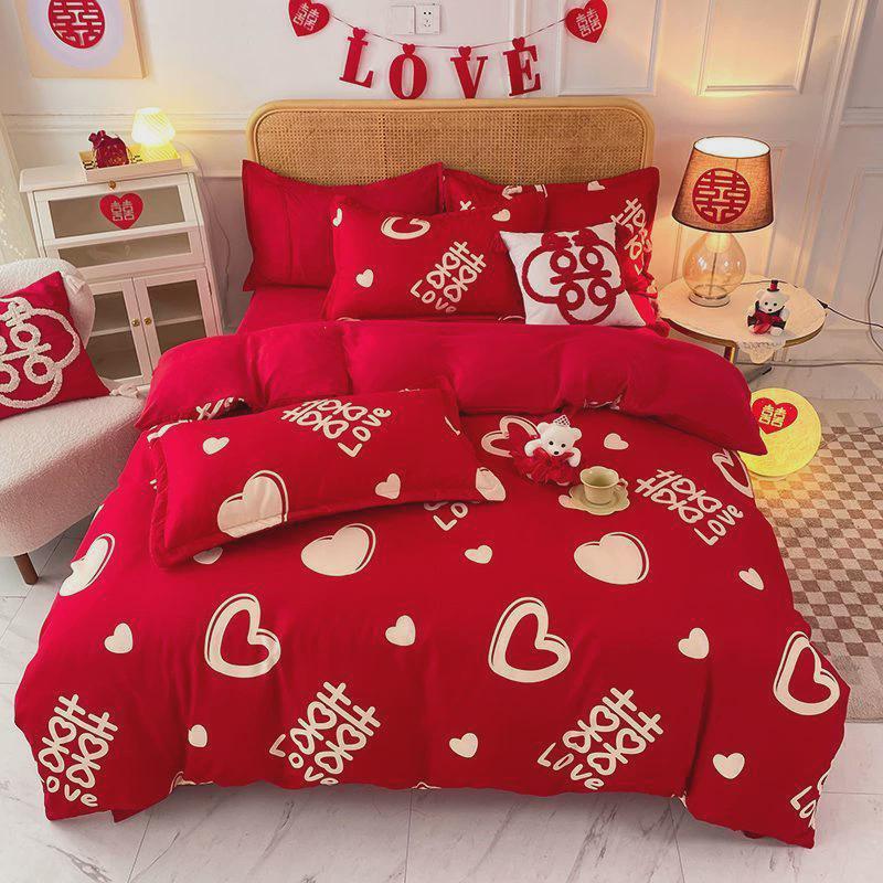 磨毛四季斜纹新婚四件套床单被套结婚大红色婚庆用品三件套纯色