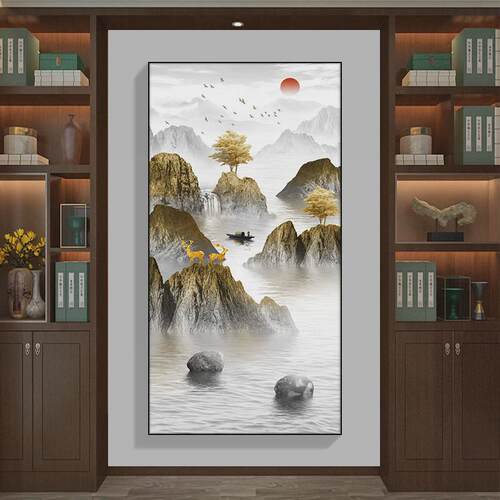 新中式竖版山水挂画走廊中国风挂画入户玄关装饰画过道现代玄关画