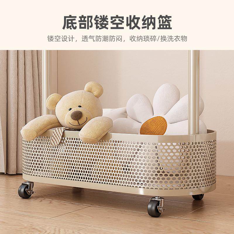 可移动式带轮衣帽架脏衣篓衣服挂架奶油风铁艺衣架落地卧室挂衣架