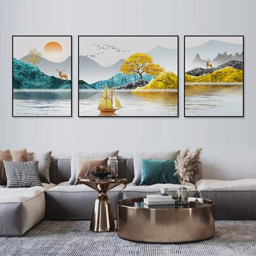 ali6轻奢三联画2024新款刺绣线绣客厅手工自己十字绣山水风景一帆