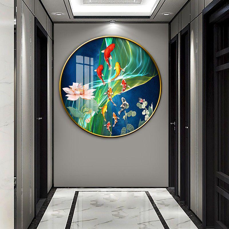 新中式圆形装饰画背景墙壁画沙发九鱼图饭店走廊过道玄关鞋柜挂画图片