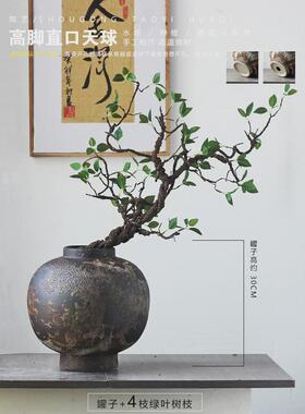 侘寂风复古粗陶花瓶客厅玄关桌面水培插花器大肚圆形陶罐中式摆件