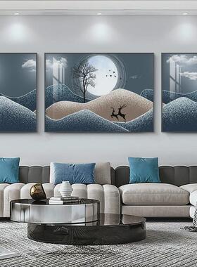 福鹿山水客厅装饰画轻奢高级感沙发背景墙蓝色抽象三联挂画寓意好