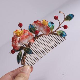 手工非遗绒花发梳掐丝牡丹发簪中国风头饰马面裙盘发簪子