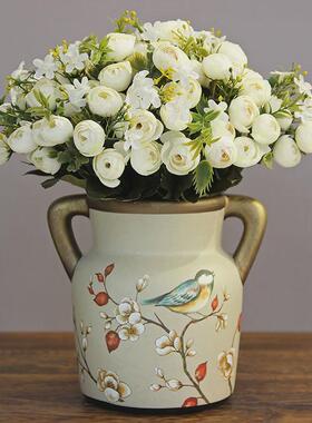 G5PA美式餐桌装饰花瓶欧式复古双耳花瓶花艺新中式茶几陶瓷花瓶