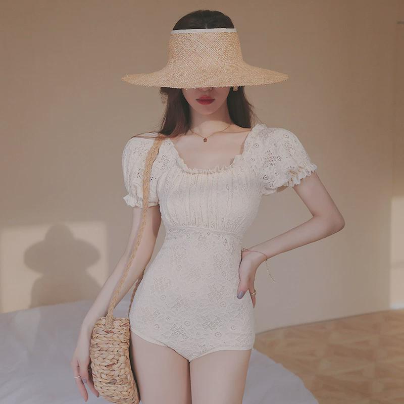 2021新款后背交叉绑带性感蕾丝泳衣遮肚显瘦温泉小胸聚拢泳衣女