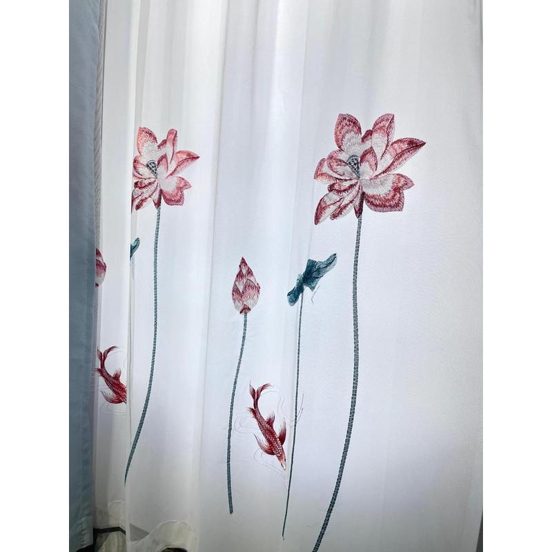 2023新中式棕色高精密无缝拼接窗帘布料客厅卧室独花荷花田鱼剌绣