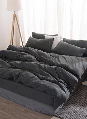 纯色水洗棉床单床笠款四件套三件红色浅灰色绿色床上用品外贸网红