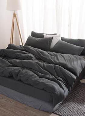 纯色水洗棉床单床笠款四件套三件红色浅灰色绿色床上用品外贸网红