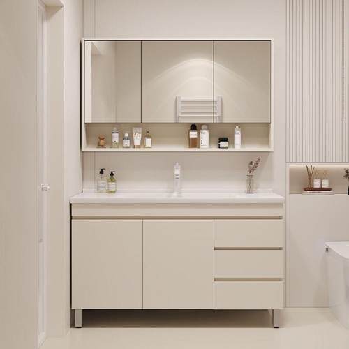 浴室柜卫生间奶油风洗手洗漱洗脸盆实木智能落地式洗手池陶瓷一体