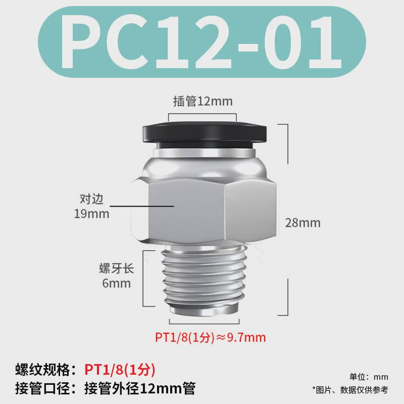 气管快速接头螺纹直通大全快插接头黑色pc4/6/8/10气嘴配件外丝