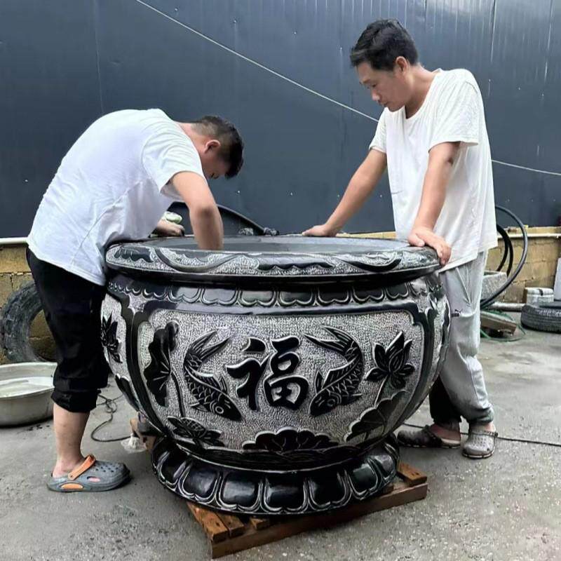 石雕荷花鱼缸石头门海门海圆形水缸仿古超大装饰摆件青石花盆庭院