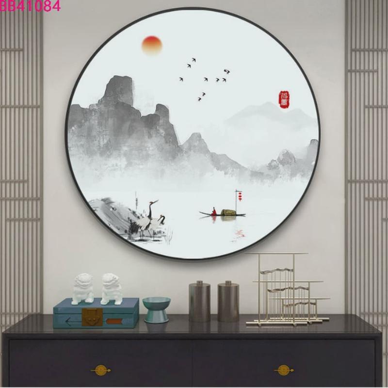 新中式进门玄关装饰画茶室背景墙过道壁画客厅沙发山水画圆形挂画