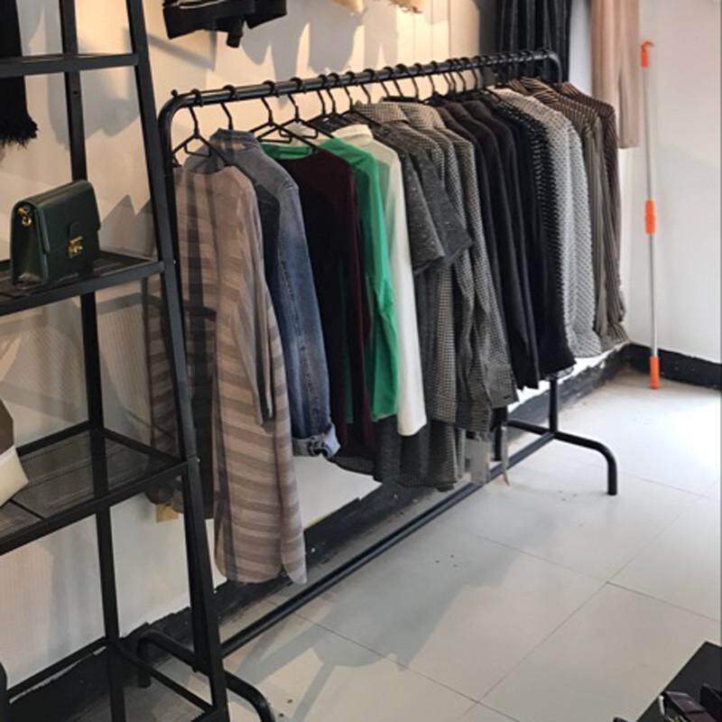 晒衣服店里架子一条杠卖衣服的的挂衣架铁艺衣帽架一字落地超承重